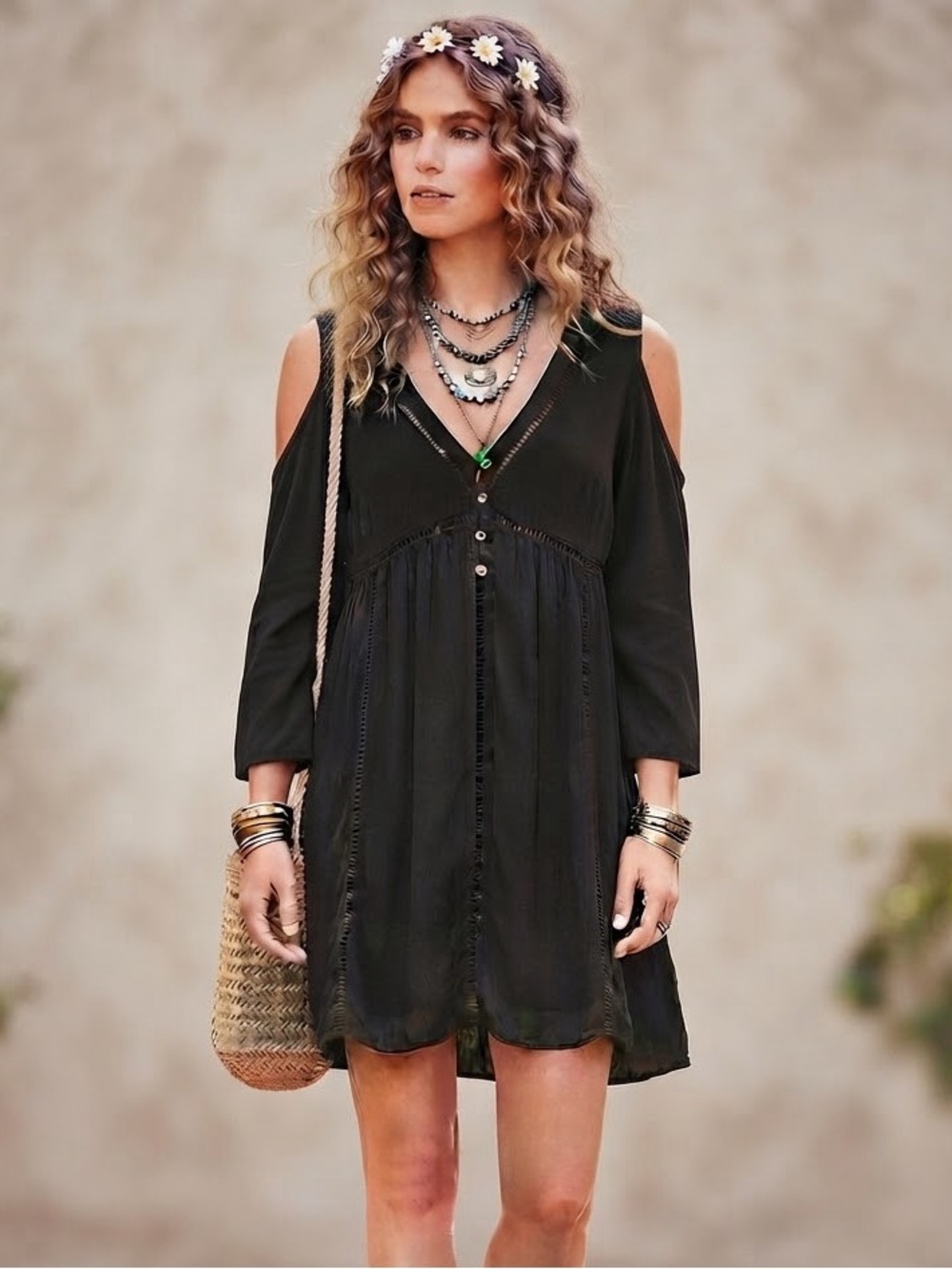 STACCATO Cold Shoulder V-Neck Mini Dress M 17.5” p2p Black EUC